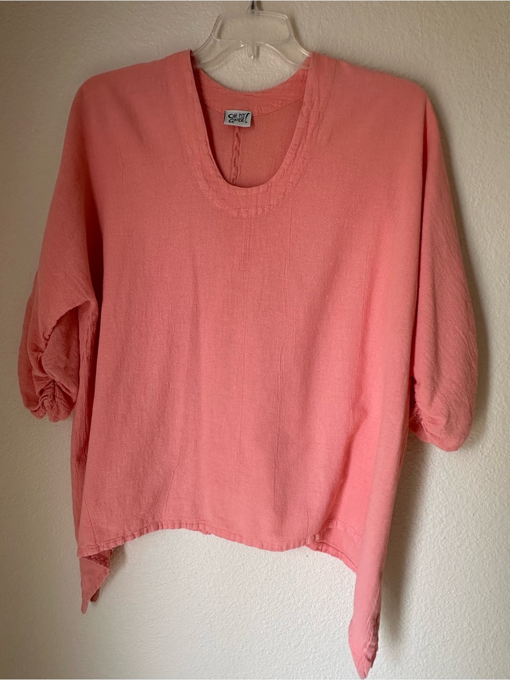 Oh My Gauze Top Women Sz 3 or M/L Lagenlook Peach Asymmetrical Ruched Sleeves